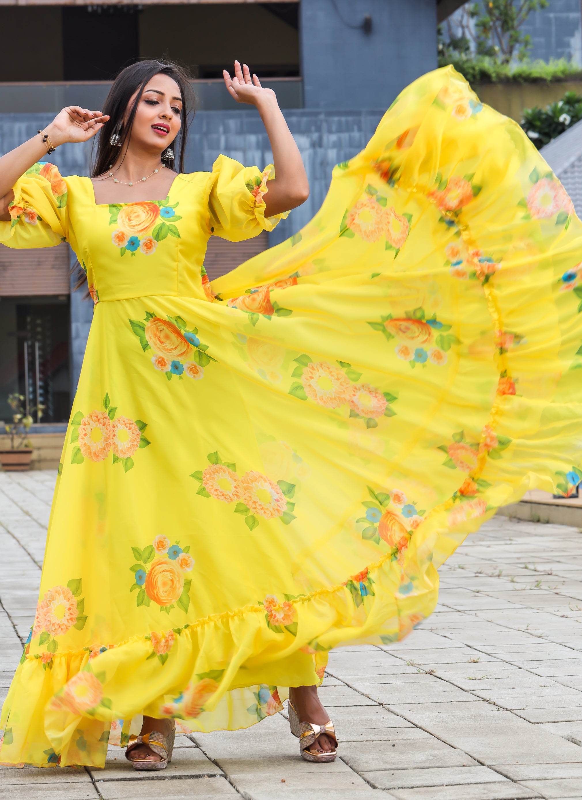 Buy Yellow Embroidery Work Georgette Festival Wear Gown With Dupatta Online